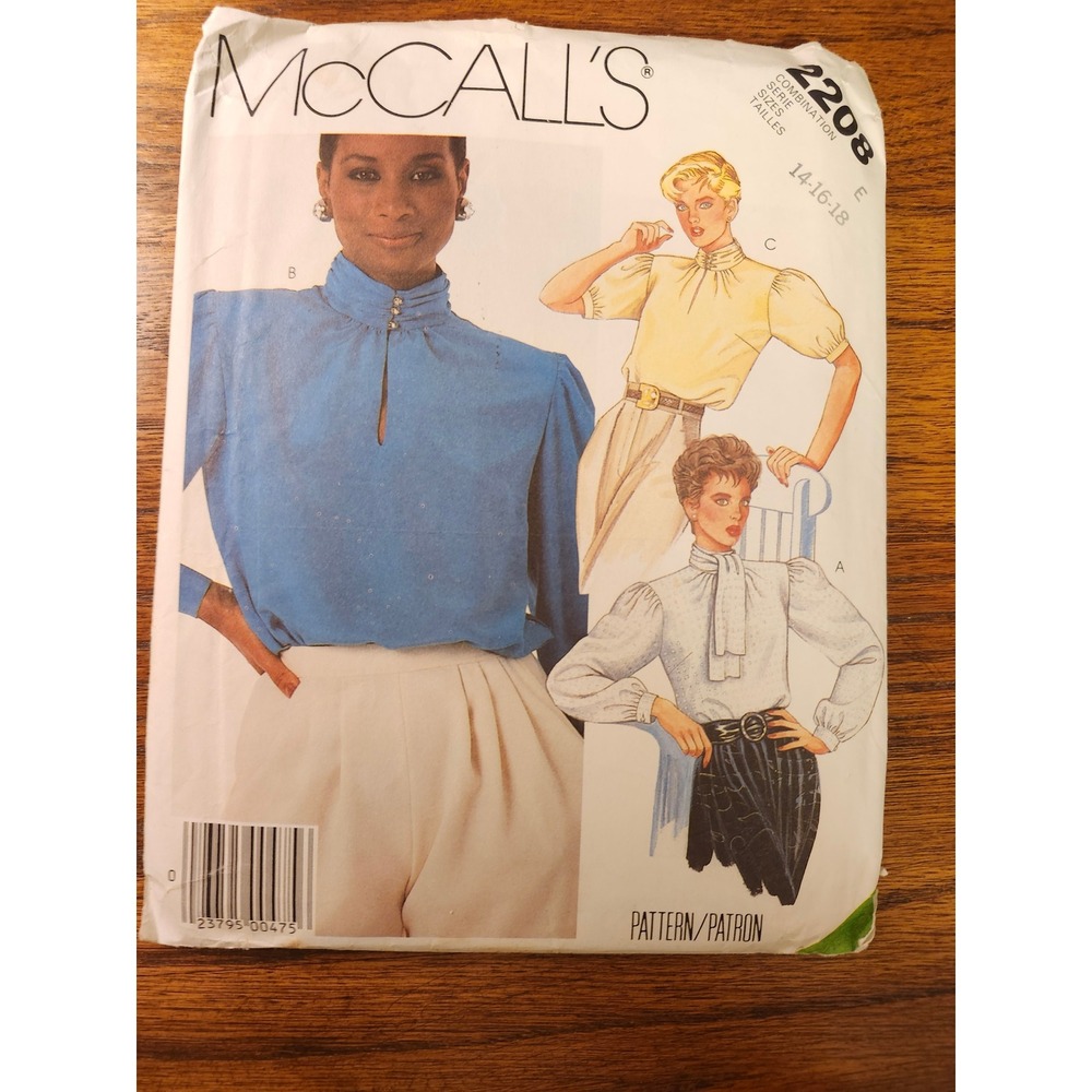 Vintage 1985 McCalls 2208 Sewing Pattern Misses Blouse High Neck Tie Size 14-18